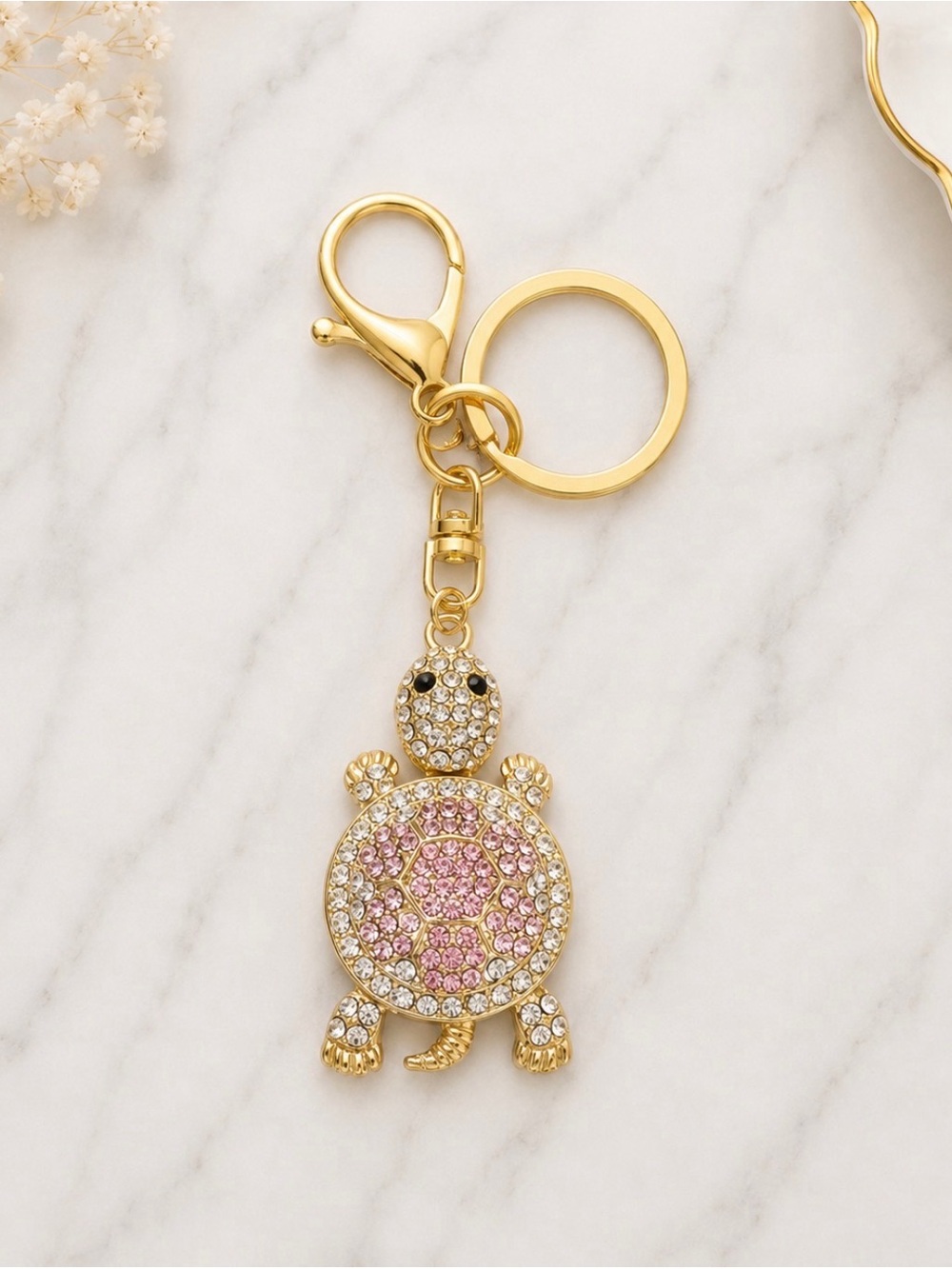 Bag Charm/Keyring-Pink and White Rhinestoned Turtle Charm-Gold Hardware-NWOT